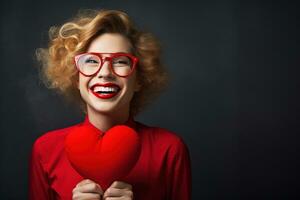 Porträt von ein glücklich Frau mit rot Herz.Valentinstag Tag Konzept ai generiert foto