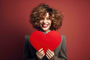 Porträt von ein glücklich Frau mit rot Herz auf ein rot Hintergrund.Valentinstag Tag Konzept ai generiert foto