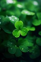 Grün Kleeblatt Blätter auf ein dunkel Hintergrund. St Patrick's Tag. ai generiert foto