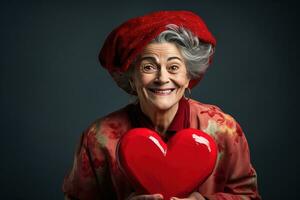 Porträt von ein glücklich Frau mit rot Herz.Valentinstag Tag Konzept ai generiert foto