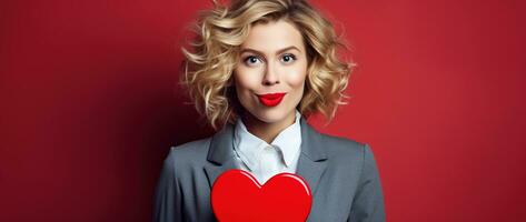 Porträt von ein glücklich Frau mit rot Herz auf ein rot Hintergrund.Valentinstag Tag Konzept ai generiert foto