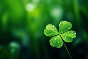 Grün Kleeblatt Blätter auf ein dunkel Hintergrund. St Patrick's Tag. ai generiert foto