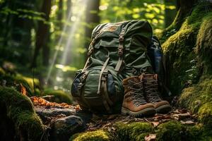 Wandern Stiefel und Rucksack im das Wald. Reise und Abenteuer Konzept ai generiert foto