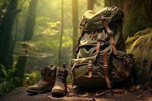 Wandern Stiefel und Rucksack im das Wald. Reise und Abenteuer Konzept ai generiert foto