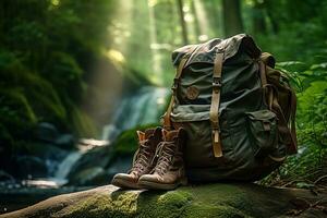 Wandern Stiefel und Rucksack im das Wald. Reise und Abenteuer Konzept ai generiert foto