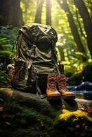 Wandern Stiefel und Rucksack im das Wald. Reise und Abenteuer Konzept ai generiert foto