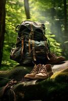 Wandern Stiefel und Rucksack im das Wald. Reise und Abenteuer Konzept ai generiert foto