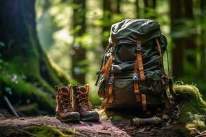 Wandern Stiefel und Rucksack im das Wald. Reise und Abenteuer Konzept ai generiert foto