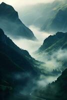 ai generiert schön Landschaft von Berge im nebelig Morgen Schönheit im Natur. foto