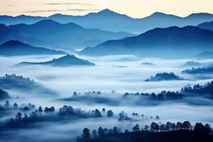 ai generiert schön Landschaft von Berge im nebelig Morgen Schönheit im Natur. foto