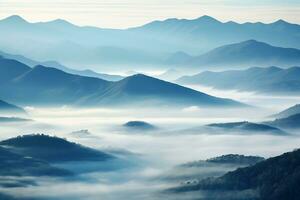 ai generiert schön Landschaft von Berge im nebelig Morgen Schönheit im Natur. foto