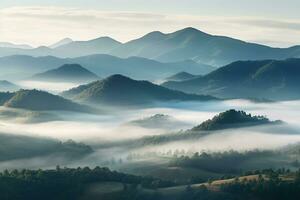 ai generiert schön Landschaft von Berge im nebelig Morgen Schönheit im Natur.ai generiert foto