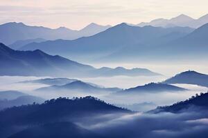 ai generiert schön Landschaft von Berge im nebelig Morgen. Schönheit im Natur. foto