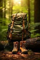 Wandern Stiefel und Rucksack im das Wald. Reise und Abenteuer Konzept ai generiert foto