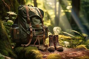 Wandern Stiefel und Rucksack im das Wald. Reise und Abenteuer Konzept ai generiert foto