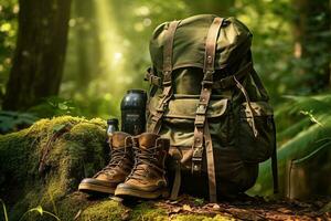 Wandern Stiefel und Rucksack im das Wald. Reise und Abenteuer Konzept ai generiert foto