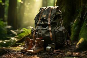 Wandern Stiefel und Rucksack im das Wald. Reise und Abenteuer Konzept ai generiert foto