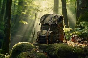 Wandern Stiefel und Rucksack im das Wald. Reise und Abenteuer Konzept ai generiert foto