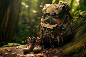 Wandern Stiefel und Rucksack im das Wald. Reise und Abenteuer Konzept ai generiert foto