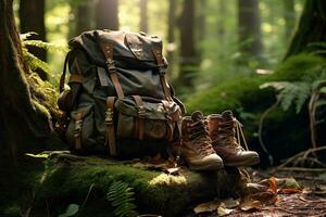 Wandern Stiefel und Rucksack im das Wald. Reise und Abenteuer Konzept ai generiert foto