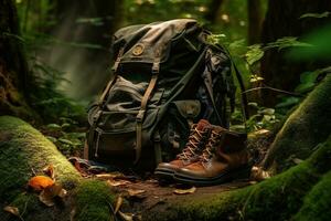 Wandern Stiefel und Rucksack im das Wald. Reise und Abenteuer Konzept ai generiert foto