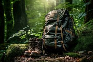 Wandern Stiefel und Rucksack im das Wald. Reise und Abenteuer Konzept ai generiert foto