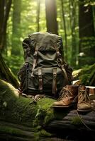 Wandern Stiefel und Rucksack im das Wald. Reise und Abenteuer Konzept ai generiert foto