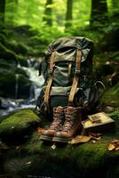 Wandern Stiefel und Rucksack im das Wald. Reise und Abenteuer Konzept ai generiert foto