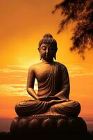 Buddha Statue und Sonnenuntergang im das Morgen ai generiert foto