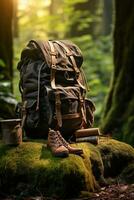 Wandern Stiefel und Rucksack im das Wald. Reise und Abenteuer Konzept ai generiert foto