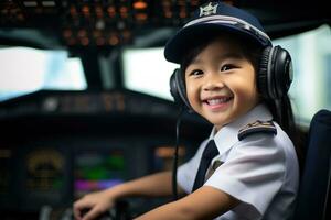 Porträt von ein süß asiatisch wenig Mädchen im ein Pilot Uniform ai generiert foto