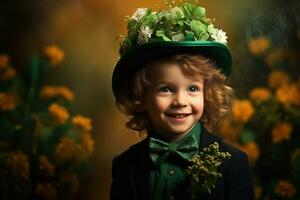 Porträt von ein lächelnd Junge im ein Kobold Kostüm. st. Patrick's Tag. ai generiert foto