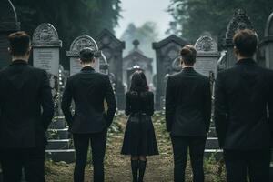 ein Gruppe von jung Menschen im ein Friedhof suchen beim das Grabsteine ai generiert foto