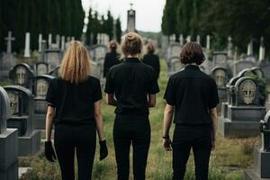 ein Gruppe von jung Menschen im ein Friedhof suchen beim das Grabsteine ai generiert foto