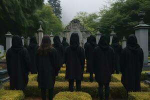 ein Gruppe von jung Menschen im ein Friedhof suchen beim das Grabsteine ai generiert foto