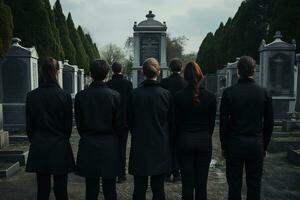 ein Gruppe von jung Menschen im ein Friedhof suchen beim das Grabsteine ai generiert foto