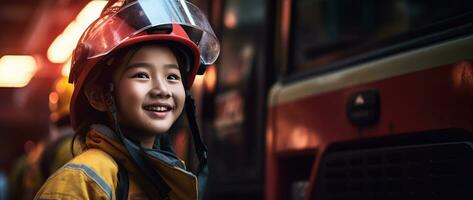 Porträt von lächelnd asiatisch wenig Mädchen tragen Feuerwehrmann Uniform Stehen im Feuer LKW. ai generiert foto