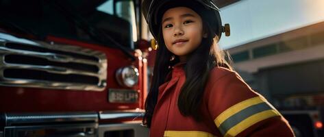 Porträt von lächelnd asiatisch wenig Mädchen tragen Feuerwehrmann Uniform Stehen im Feuer LKW. ai generiert foto