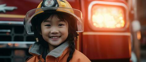 Porträt von lächelnd asiatisch wenig Mädchen tragen Feuerwehrmann Uniform Stehen im Feuer LKW. ai generiert foto