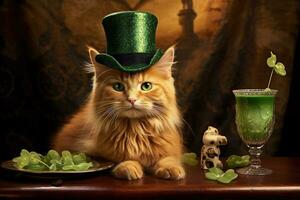 süß Katze tragen ein Grün oben Hut zum st. Patrick's Tag. ai generiert foto