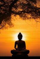 Buddha Statue und Sonnenuntergang im das Morgen ai generiert foto