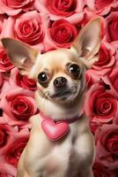 Porträt Valentinsgrüße von ein süß Chihuahua Hund mit Rosen ai generiert foto