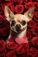 Porträt Valentinsgrüße von ein süß Chihuahua Hund mit Rosen ai generiert foto