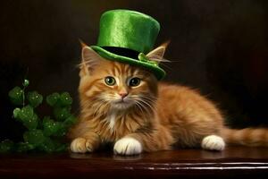 süß Katze tragen ein Grün oben Hut zum st. Patrick's Tag. ai generiert foto