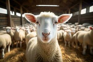 Porträt von ein süß Lamm auf ein Hintergrund von Schaf im das Scheune ai generiert foto