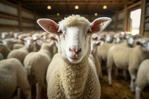 Porträt von ein süß Lamm auf ein Hintergrund von Schaf im das Scheune ai generiert foto