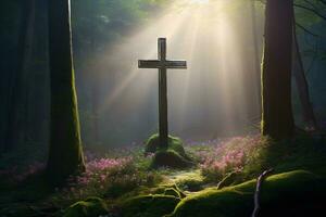 hölzern Kreuz im das Wald mit Sonnenlicht im das Morgen ai generiert foto