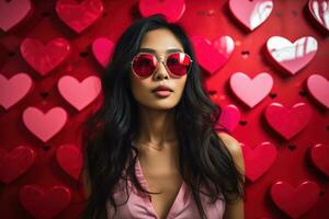 Valentinstag Tag. Porträt von schön jung asiatisch Frau im Sonnenbrille auf rot Hintergrund mit Herzen. ai generiert foto