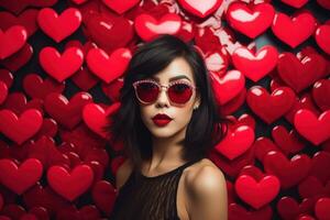 Valentinstag Tag. Porträt von schön jung asiatisch Frau im Sonnenbrille auf rot Hintergrund mit Herzen. ai generiert foto