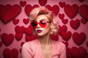 Valentinstag Tag. Porträt von schön jung Frau im Sonnenbrille auf rot Hintergrund mit Herzen. ai generiert foto